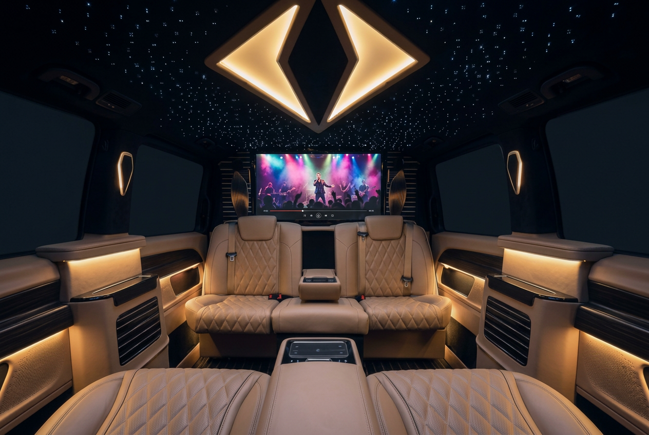 Intérieur du véhicule VIP customisé, cuir ivoire et ciel étoilé