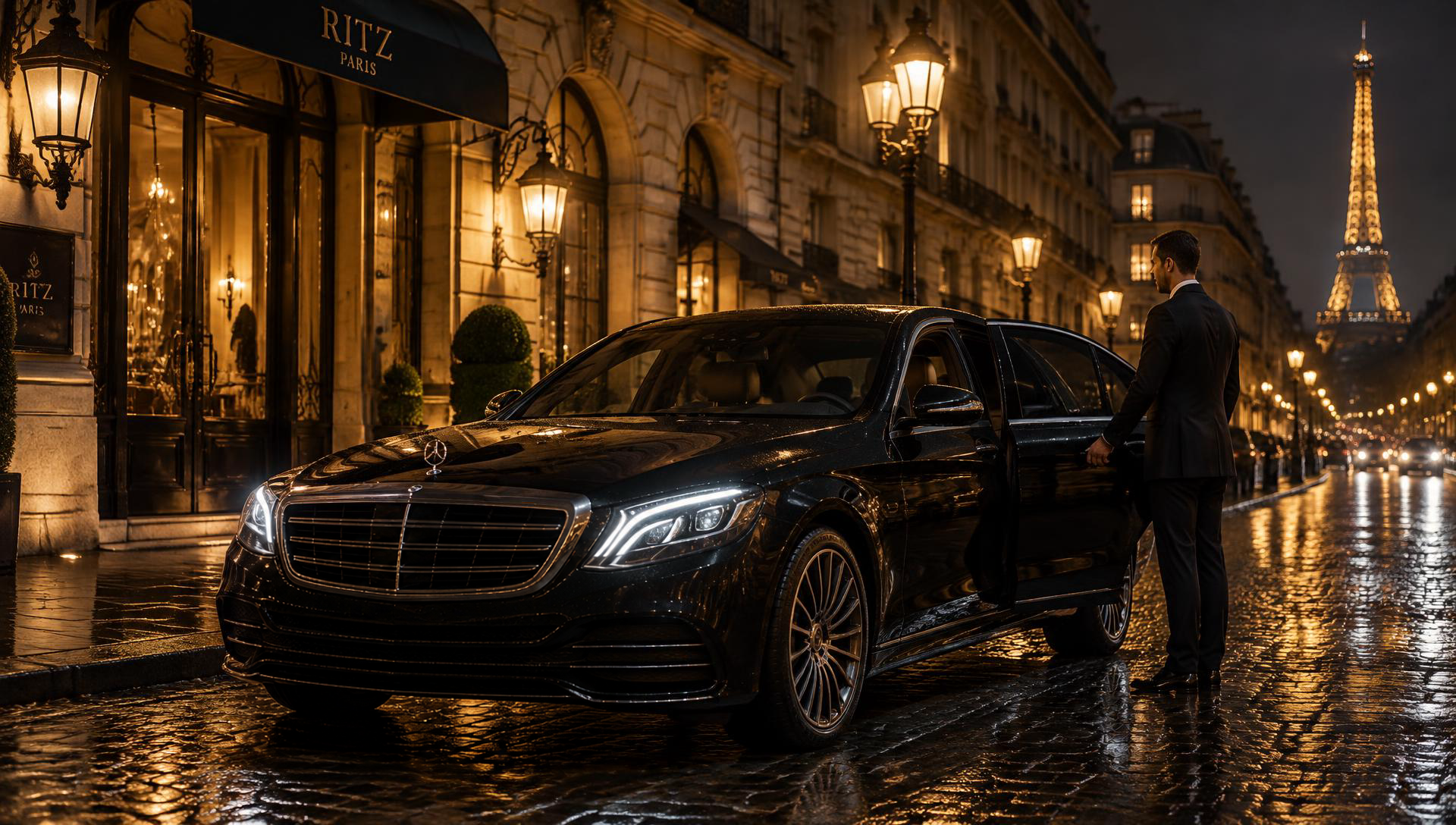 Berline noire classique avec chauffeur à Paris