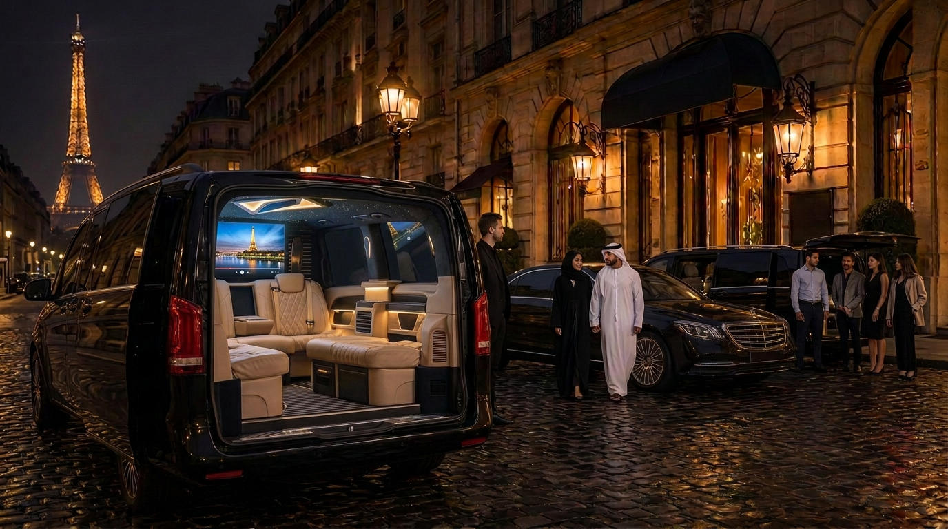 Van VIP customisé ouvert, voyageurs émiratis, berline noire et second van à Paris